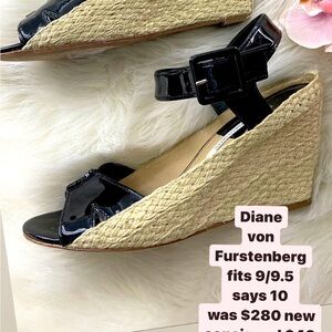 Diane von Furstenberg Leather. Espadrille - fits 9 9.5 wedge black patent buckle